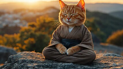 Poster - Calm ginger cat in monk robe meditating on a rock at sunrise, zen concept