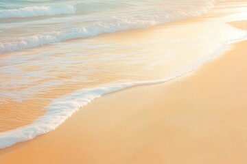 Poster - sunlit beach with soft waves and golden sand glistening under morning light captured in minimalist s