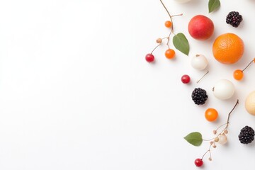 Poster - vibrant collection of fresh ripe fruits and berries arranged artfully on pristine white background h