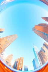Poster - vibrant urban scene captured through fisheye lens emphasizing unique perspectives and distortions