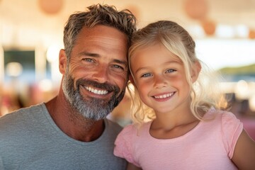 Poster - warm portrait of family browsing together at rummage sale smiling and engaged with softly blurred ta