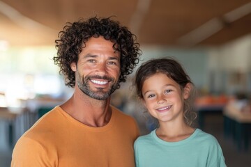 Poster - warm portrait of family browsing together at rummage sale smiling and engaged with softly blurred ta