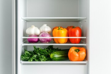 Poster - well-organized fridge filled with fresh vibrant produce neatly arranged on shelves highlighting effe