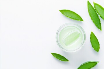 Poster - aloe vera gel in clear jar surrounded by fresh aloe leaves placed on clean white background for minimalistic look with