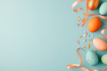 Poster - abstract composition of vibrant easter elements such as ribbon curls painted eggs and glitter confet