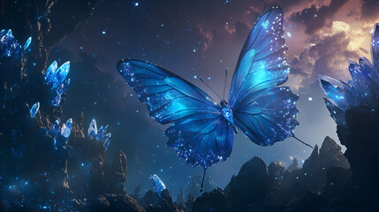 Glowing blue butterfly flying among crystals in fantasy cave