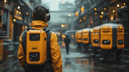Fototapete - A logistics worker, dressed in a yellow jacket and headphones, moves through a busy warehouse hub filled with storage units amidst wet, gloomy weather.