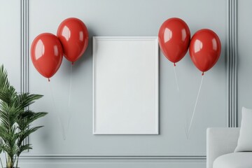 Poster - White frame mockup with red balloons in room 3d illustration Mockup poster in an interior background with red balloons .