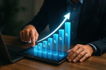 Poster - Charting Growth: A sharp, professional is seen in a close-up, the hand gently gesturing towards a graph, elegantly rendered in vibrant blue, symbolizing growth and success.
