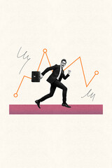 Poster - Creative poster collage of young businessman manager run fast with charts sketch