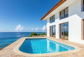 Wall Mural - modern residence offers a sparkling pool beside expansive ocean vistas under a clear sky.