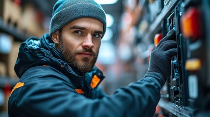 Aufkleber - A worker monitors equipment in a logistics facility, ensuring efficient operation and proper inventory management amid the bustling warehouse atmosphere.