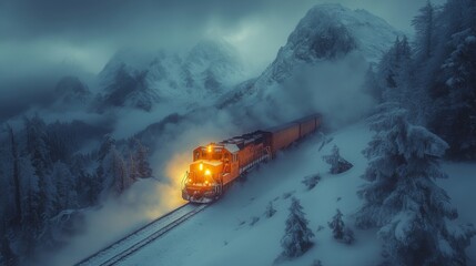 Aufkleber - A freight train travels through a snow covered mountain landscape during early morning hours. The glowing headlights cut through the thick fog, illuminating the icy path ahead.