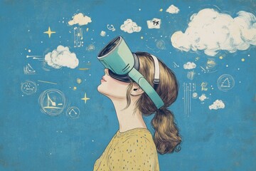 Poster - Young woman wearing virtual reality goggles and dreaming about future Mixed media Young woman using virtual reality headset against blue background with vr icons