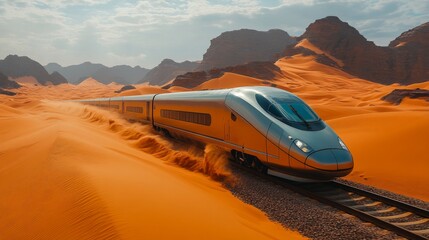 Poster - A sleek high speed train glides along the railway tracks in a surreal desert environment, surrounded by golden sand dunes and distant mountains under a bright sky.