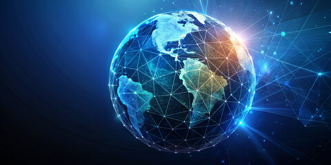 Fototapete - A detailed visual of Earth from space, emphasizing continents and interconnected lines to depict a global network. The illustration highlights technology's impact on connectivity