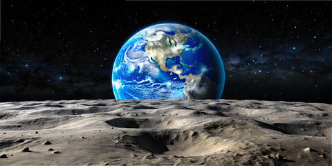 Wall Mural - earth is prominently visible from the moon's surface, showcasing its blue and green hues. the lunar 