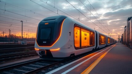Fototapete - A sleek high speed train arrives at a contemporary railway station during sunset, highlighting the innovations in transportation and infrastructure with automated features.