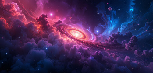 Wall Mural - a mesmerizing galaxy spins at the center surrounded by colorful cosmic clouds and twinkling stars, s