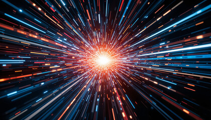 Poster - Bright patterns of red and blue light emanate from a central point, creating a sense of motion and energy in a cosmic environment with vibrant colors