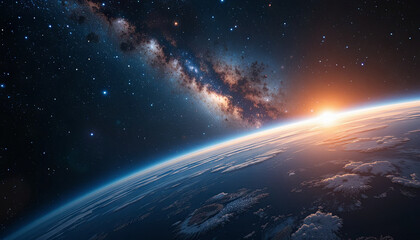 Poster - A stunning view of Earth as the sun rises on the horizon, illuminating the clouds and revealing the vast galaxy filled with stars, creating a spectacular cosmic display