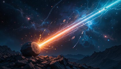 A mysterious rock emits vibrant beams of orange and blue energy, illuminating the dark sky filled with stars. The surrounding landscape features rugged terrain and distant mountains