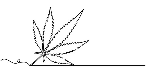 Aufkleber - Cannabis leaf continuous line art. Marijuana in minimalist style. One line art, Continuous one line drawing of lush hemp leaf icon in silhouette on a white background. Linear stylized. pro vector.