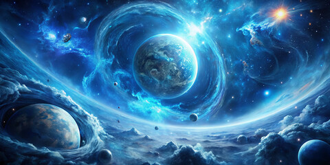 Wall Mural - bright planets float amidst swirling cosmic clouds in a vibrant galaxy. brilliant stars punctuate th