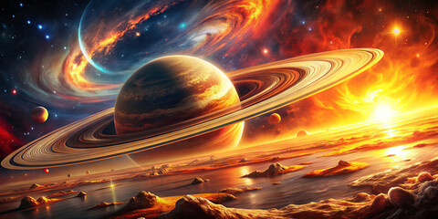 Wall Mural - a stunning celestial display showcases saturn with its rings, surrounded by vibrant nebulae and dist