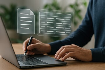 Poster - Efficiency in Action: Close-up of a person's hands expertly navigating a modern laptop while conceptual digital document graphics float in the foreground.