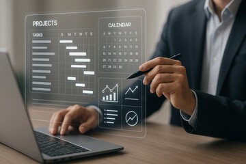 Aufkleber - A businessman interacts with a futuristic digital dashboard showing project timelines, calendar schedules, and performance analytics, illustrating modern project management tools.
