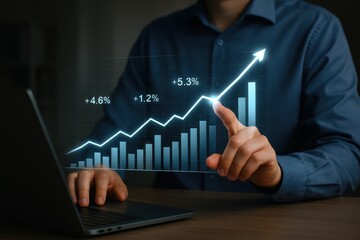 Poster - Growth Trajectory: An individual's hand points towards an upward trendline graph, symbolizing success in the workplace, emphasizing a data-driven approach to corporate growth and strategic planning.