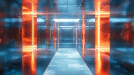Poster - A striking corridor illuminated with vibrant colors, showcasing the interplay of light and reflective surfaces.