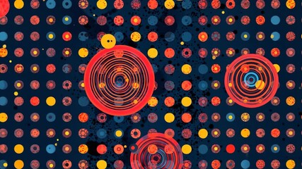 Poster - A colorful pattern of circles and dots. The circles are orange and blue. The dots are red and yellow