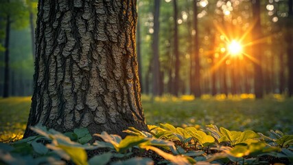 Poster - Warm sunset in a lush forest with sunlight streaming through trees
