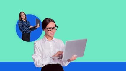 Poster - Creative motion collage video of two happy girl guy speak laptop distance chat