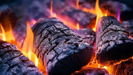 Poster - Burning orange flames engulf charcoal logs in a bright, detailed close-up view