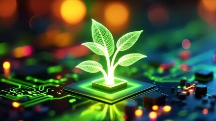 Poster - Vibrant Green Plant Emerges from Circuit Board, Symbolizing Sustainable Technology and Innovation Eco Friendly Electronics