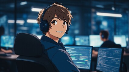 anime developer codes on multiple monitors in tech office at night focused on programming