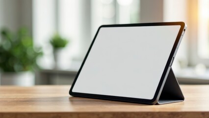 Fototapete - Modern tablet on wooden desk in bright office space with natural light showcasing technology and productivity, digital workspace concept