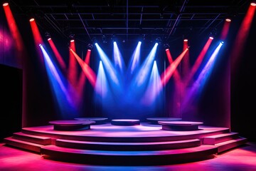 Poster - Empty stage illuminated by red and blue stage lights awaits performers