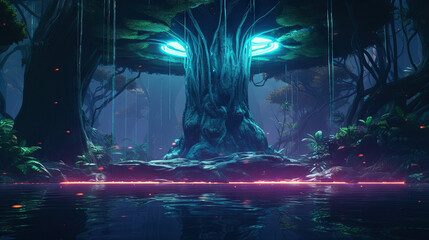 Poster - Neon-lit tree in a mystical jungle with glowing light and vibrant reflections