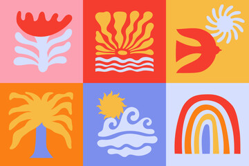 Fototapete - Vector shapes  in simple floral wavy and groovy naive style, ocean and vacation theme,  flowers and plants, floral botanic hand drawn design templates, modern art prints, surface design