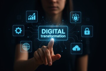 Fototapete - Digital Transformation: A woman's hand points towards a digital display showcasing icons related to digital transformation, signifying innovation and progress in the digital age.