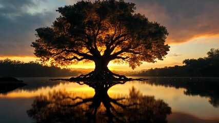 Aufkleber - Majestic tree with sprawling roots at sunset reflecting on calm water