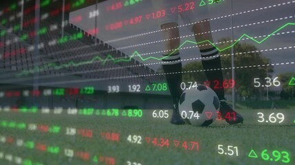 Poster - Stock market data animation over soccer player standing on field with ball