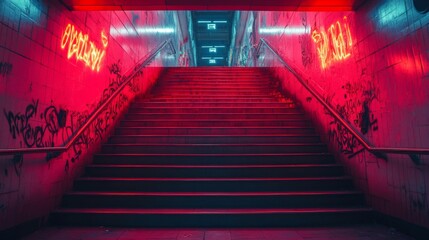 Aufkleber - A subway entrance features illuminated neon signs, drawing attention to the colorful graffiti on the walls. The scene captures the vibrant atmosphere of urban mobility at night.