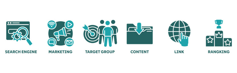 Search Engine Marketing (SEM) icon set illustration concept with icons of search engine, marketing, target group, content, links, ranking