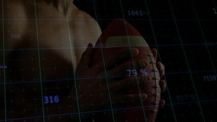Poster - Football player holding ball with data and percentages overlay animation
