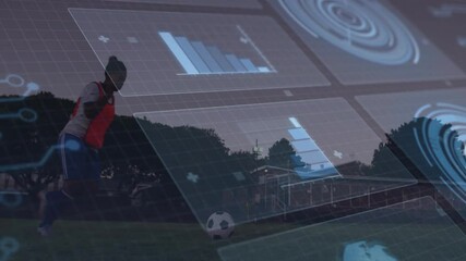 Poster - Soccer player kicking ball with data charts and graphs overlay animation